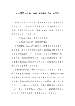 产业园区2024年上半年工作总结及下步工作计划