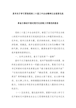 某市关于学习贯彻党的二十届三中全会精神以全面深化改革奋力推动中国式现代化实践工作情况的报告