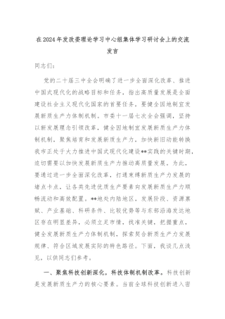 在2024年发改委理论学习中心组集体学习研讨会上的交流发言