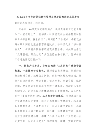 在2024年全市新就业群体管理品牌建设推进会上的发言