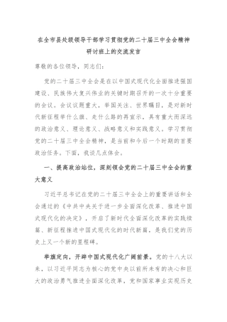 在全市县处级领导干部学习贯彻党的二十届三中全会精神研讨班上的交流发言