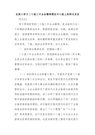 在深入学习二十届三中全会精神理论中心组上的研讨发言