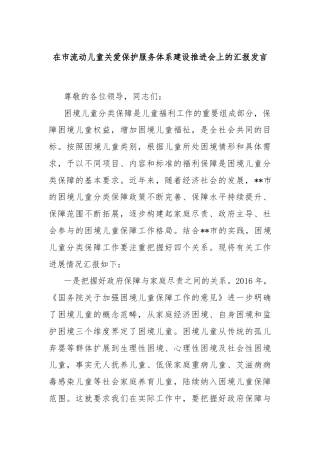 在市流动儿童关爱保护服务体系建设推进会上的汇报发言
