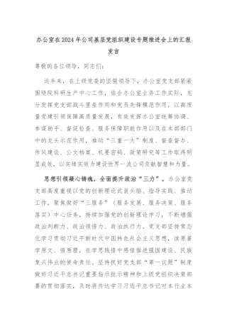 办公室在2024年公司基层党组织建设专题推进会上的汇报发言