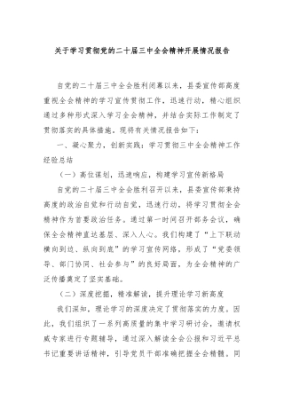 关于学习贯彻党的二十届三中全会精神开展情况报告