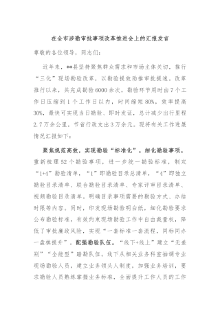 在全市涉勘审批事项改革推进会上的汇报发言