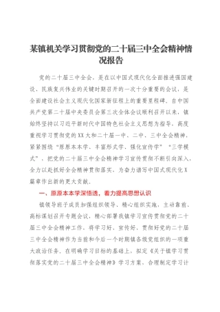 某镇机关学习贯彻党的二十届三中全会精神情况报告