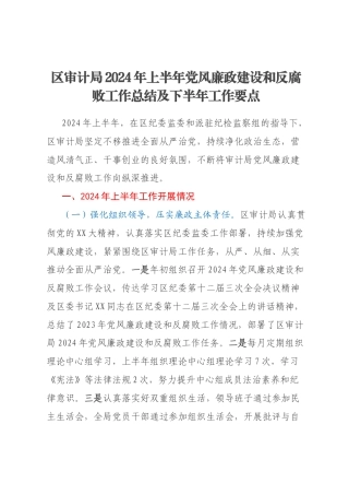 区审计局2024年上半年党风廉政建设和反腐败工作总结及下半年工作要点