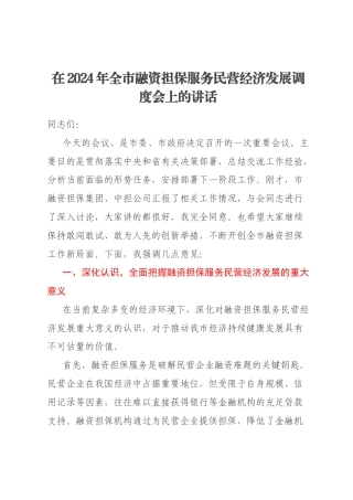 在2024年全市融资担保服务民营经济发展调度会上的讲话