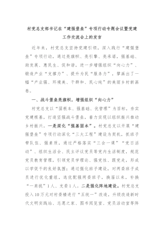 村党总支部书记在“建强堡垒”专项行动专题会议暨党建工作交流会上的发言