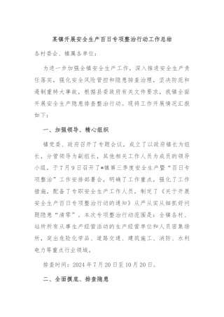 某镇开展安全生产百日专项整治行动工作总结