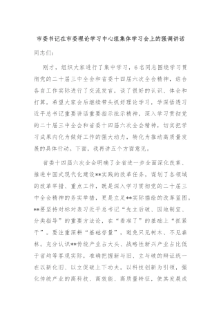 市委书记在市委理论学习中心组集体学习会上的强调讲话
