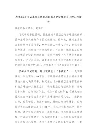 在2024年全省基层应急实战新体系建设推进会上的汇报发言