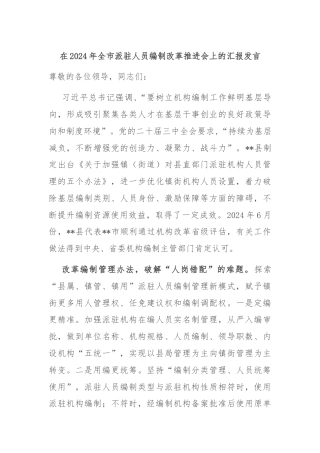 在2024年全市派驻人员编制改革推进会上的汇报发言