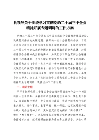 县领导关于围绕学习贯彻党的二十届三中全会精神开展专题调研的工作方案