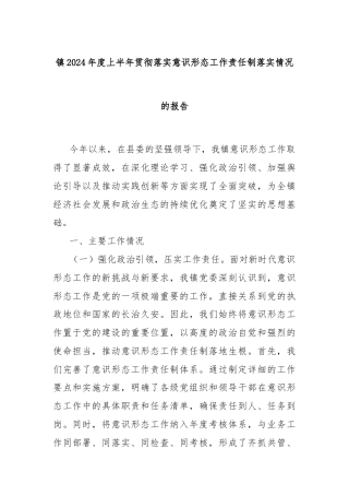 镇2024年度上半年贯彻落实意识形态工作责任制落实情况的报告