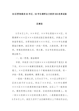 XX区贯彻落实XX书记、XX市长调研全力抓好XXX改革试验区建设