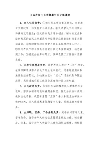 全国农民工工作督察任务分解清单