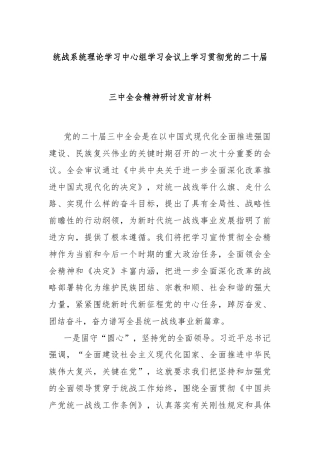 统战系统理论学习中心组学习会议上学习贯彻党的二十届三中全会精神研讨发言材料