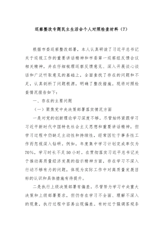 巡察整改专题民主生活会个人对照检查材料（7）