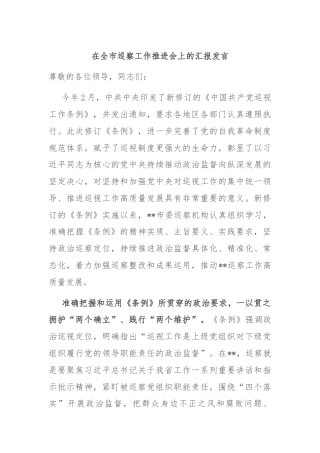 在全市巡察工作推进会上的汇报发言