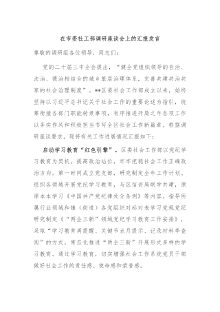 在市委社工部调研座谈会上的汇报发言