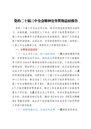 党的二十届三中全会精神宣传贯彻总结报告