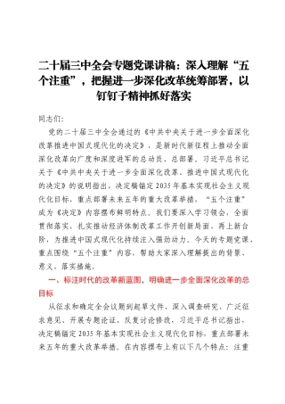 二十届三中全会专题党课讲稿：深入理解“五个注重”，把握进一步深化改革统筹部署，以钉钉子精神抓好落实