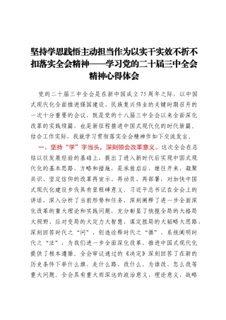 坚持学思践悟  主动担当作为 以实干实效不折不扣落实全会精神 ——学习党的二十届三中全会精神心得体会