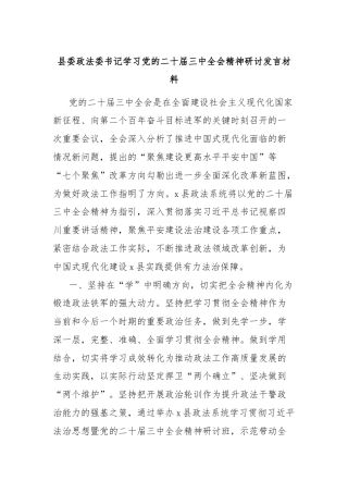 县委政法委书记学习党的二十届三中全会精神研讨发言材料
