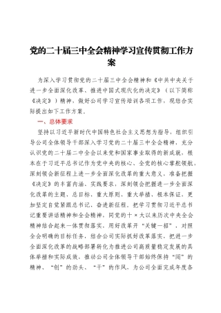 公司党的二十届三中全会精神学习宣传贯彻工作方案