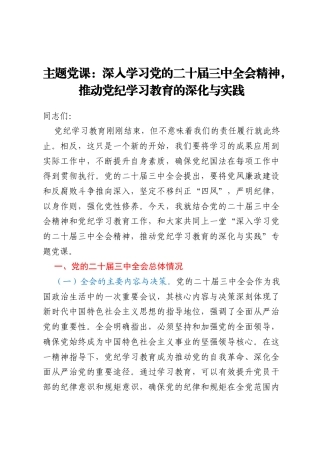 主题党课：深入学习党的二十届三中全会精神，推动党纪学习教育的深化与实践