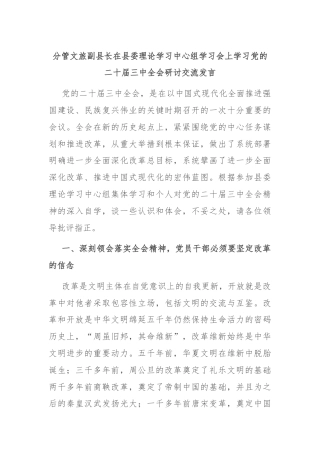 分管文旅副县长在县委理论学习中心组学习会上学习党的二十届三中全会研讨交流发言