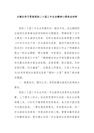 乡镇长学习贯彻党的二十届三中全会精神心得体会材料