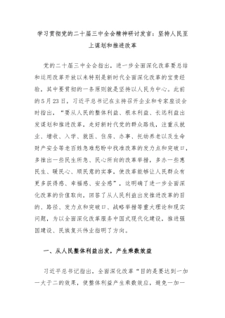 学习贯彻党的二十届三中全会精神研讨发言：坚持人民至上谋划和推进改革