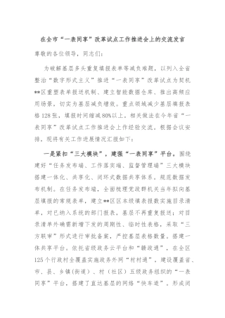 在全市“一表同享”改革试点工作推进会上的交流发言