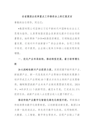 在省属国企改革重点工作推进会上的汇报发言