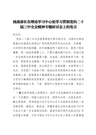 统战部长在理论学习中心组学习贯彻党的二十届三中全会精神专题研讨会上的发言