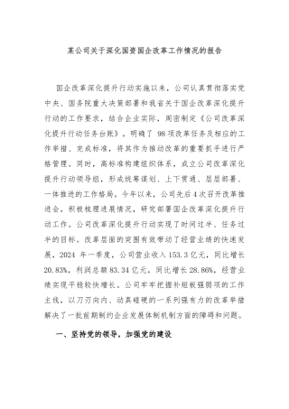 某公司关于深化国资国企改革工作情况的报告