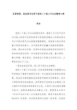 区委常委、政法委书记学习党的二十届三中全会精神心得体会