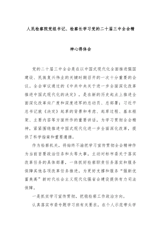 人民检察院党组书记、检察长学习党的二十届三中全会精神心得体会