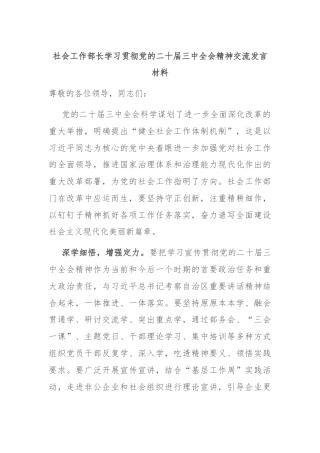 社会工作部长学习贯彻党的二十届三中全会精神交流发言材料