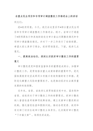 在重点民生项目和专项审计调查整改工作推进会上的讲话