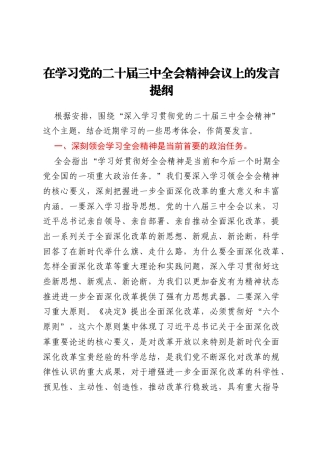 在学习党的二十届三中全会精神会议上的发言提纲