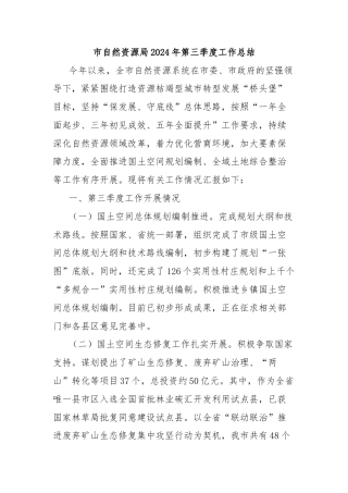 市自然资源局2024年第三季度工作总结