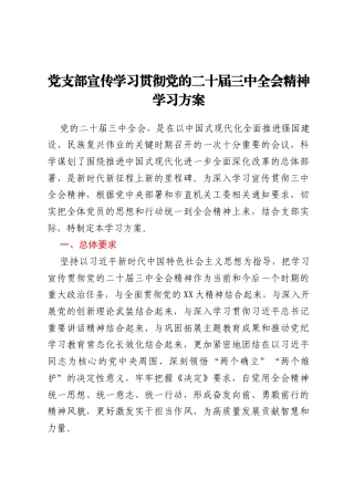 党支部宣传学习贯彻党的二十届三中全会精神学习方案