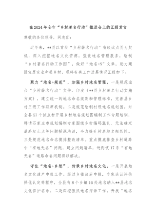 在2024年全市“乡村著名行动”推进会上的汇报发言