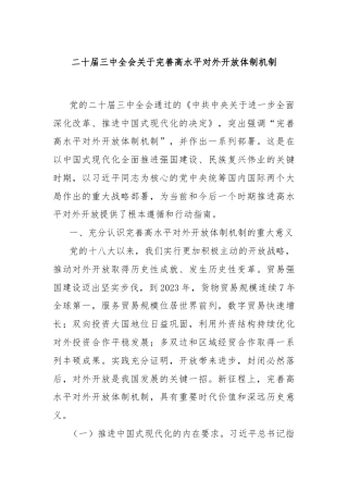 二十届三中全会关于完善高水平对外开放体制机制
