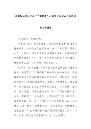 市委政法委书记在“三高四新”战略定位和使命任务研讨会上的讲话