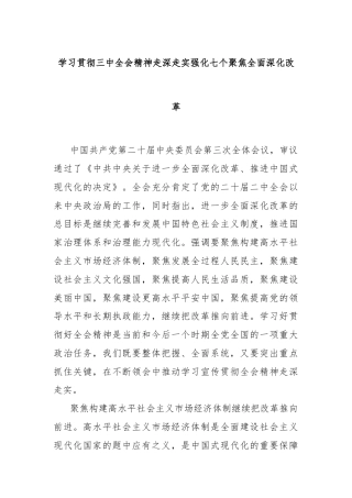 学习贯彻三中全会精神走深走实强化七个聚焦全面深化改革